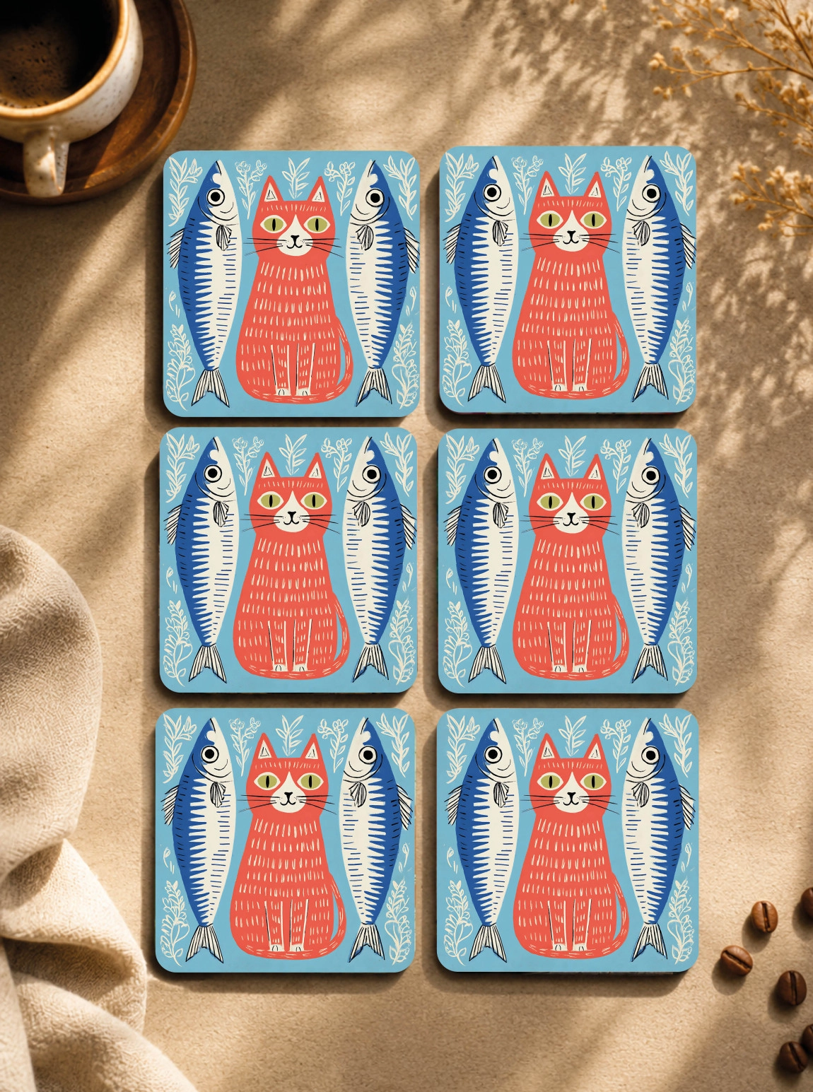 6'Lı Balıkçı Kedi Bardak Altlığı Seti – Retro İskandinav Tasarımlı Kedili Bardak Altlığı