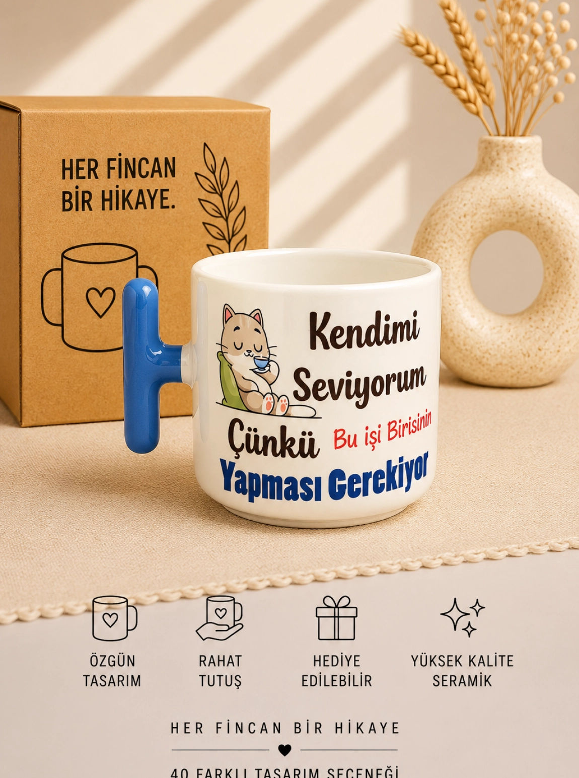 Esprili Kedili T Kulp Kahve Bardağı