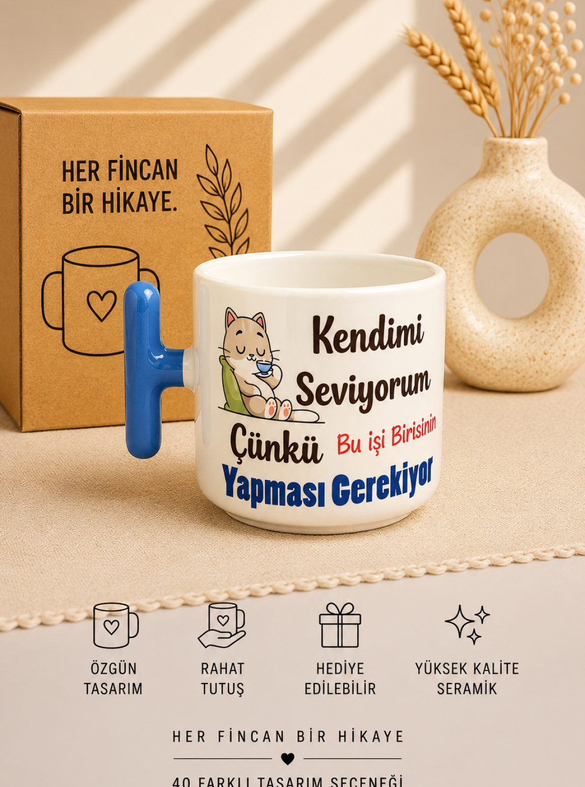 Esprili Kedili T Kulp Kahve Bardağı