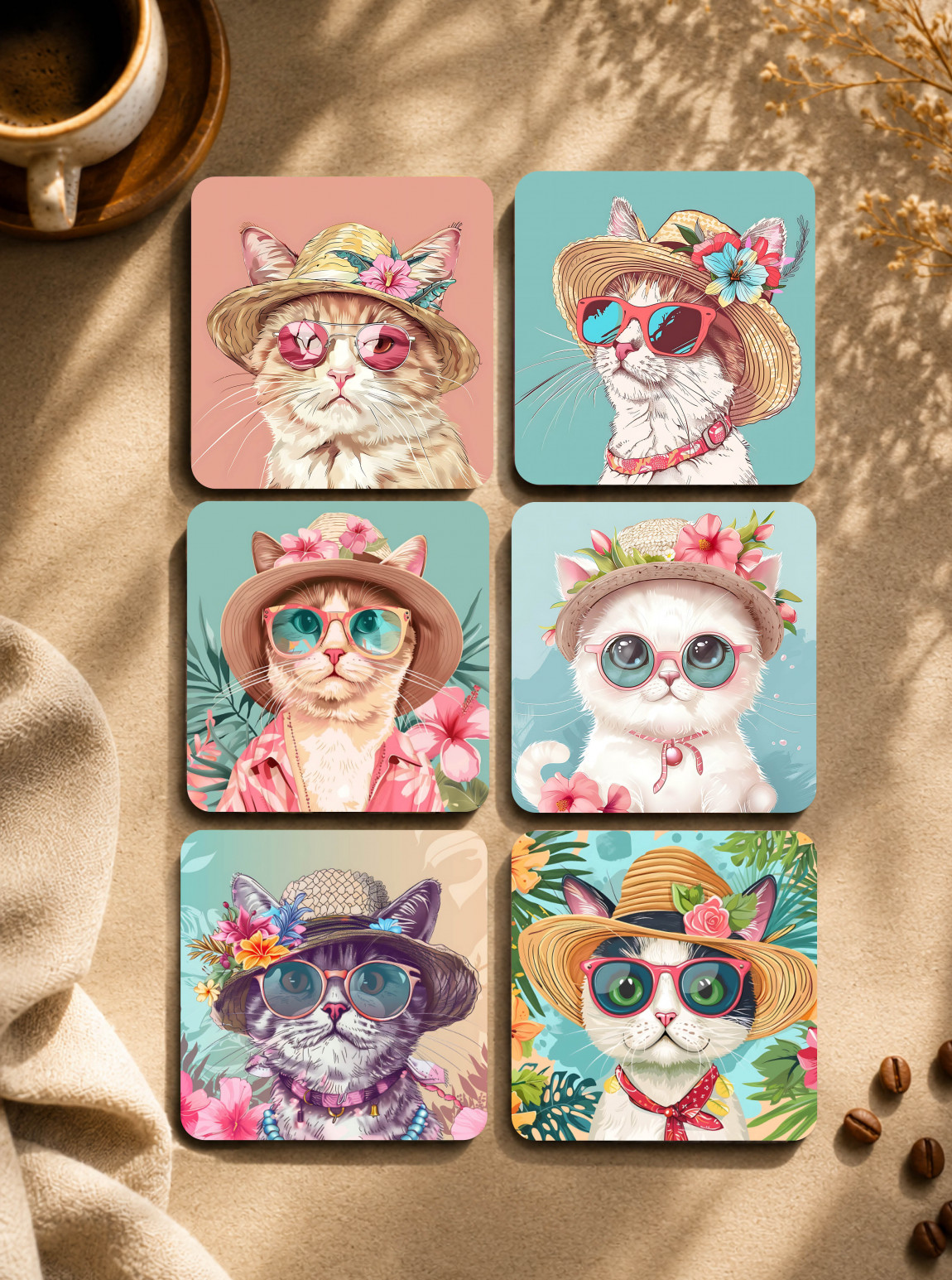 Kawaii Kedi Tatilde Bardak Altlığı Seti