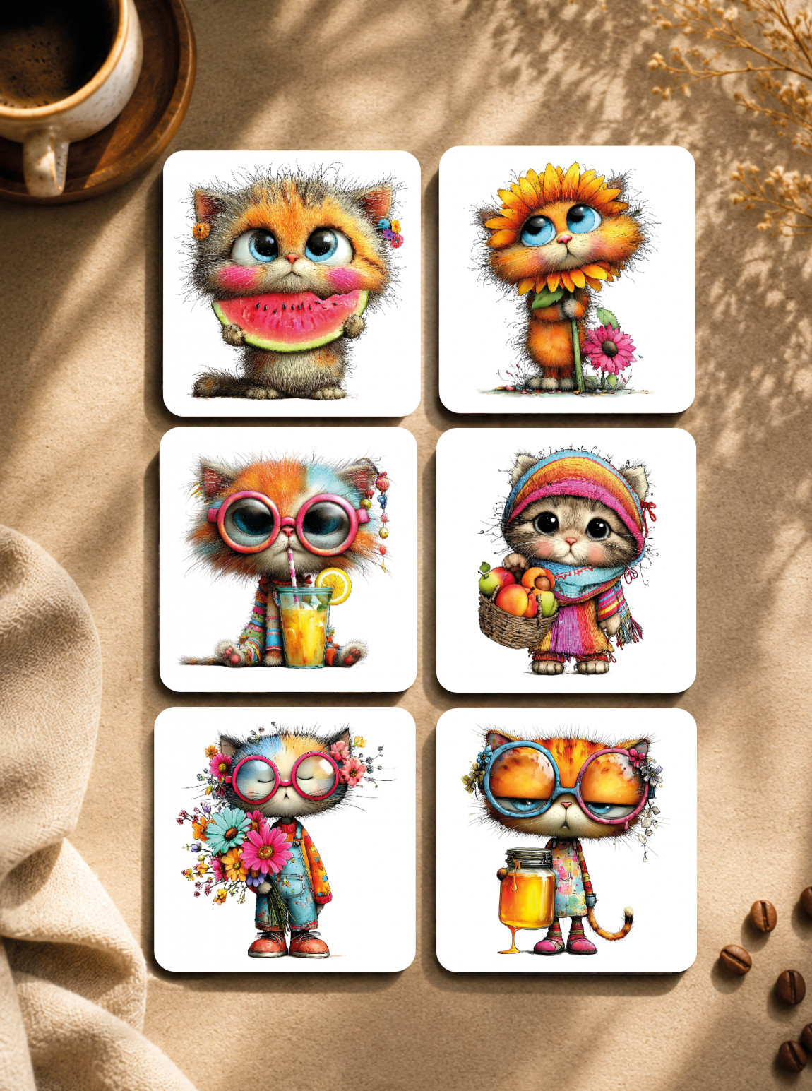 Rengarenk Kawaii Kedili Bardak Altlığı 6'Lı Set