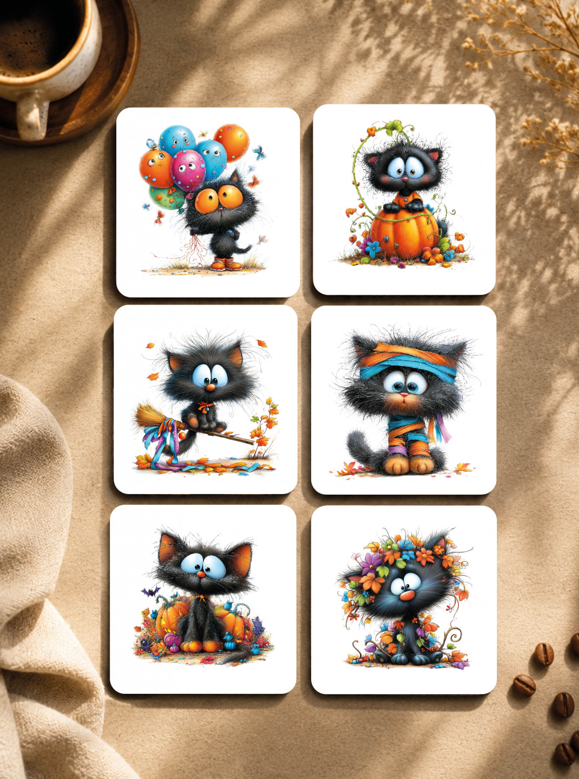 Renkli Sevimli Kediler Bardak Altlığı 6'Lı Set