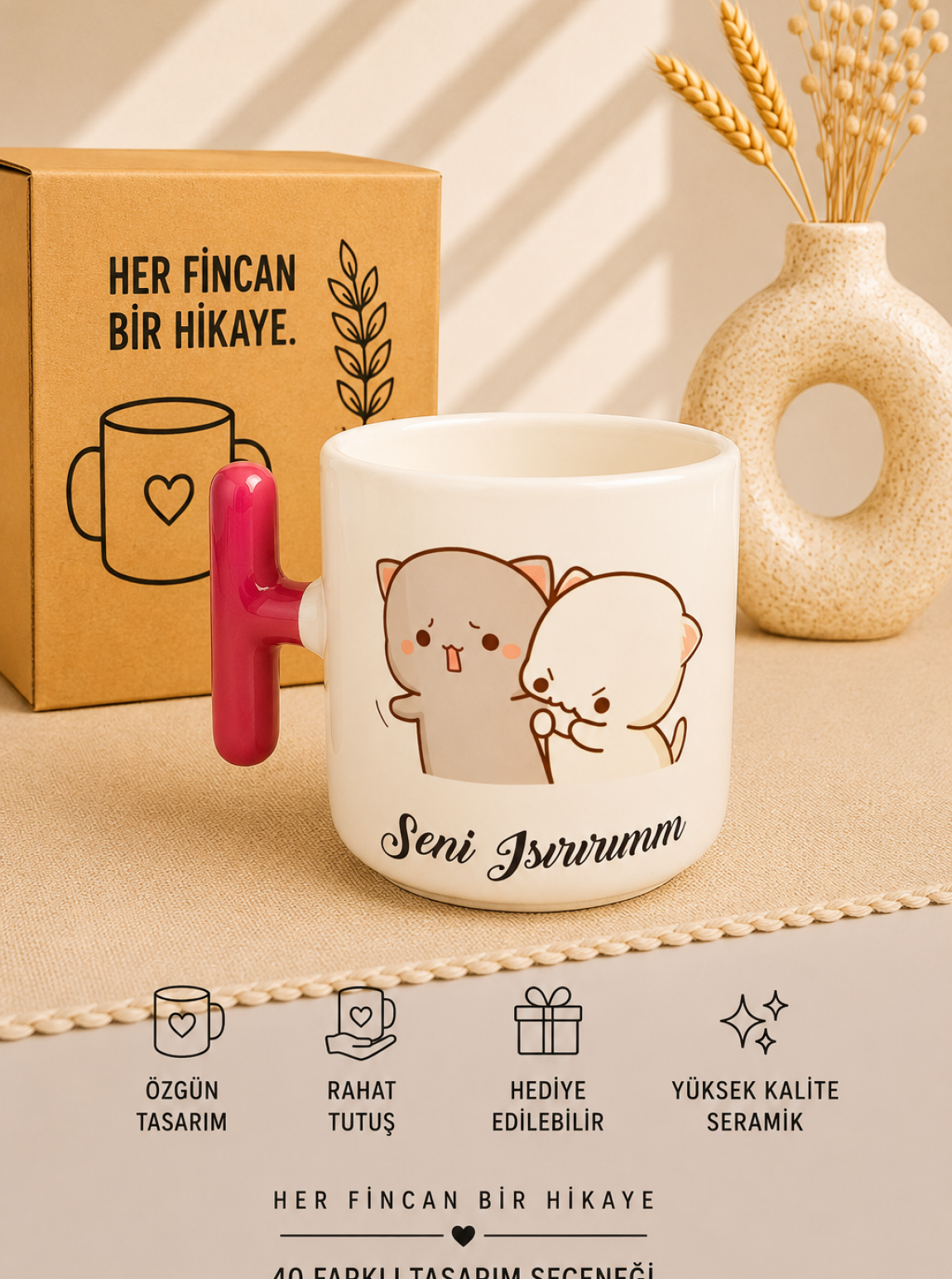 Seni Isırırım Kupa Bardak - Komik Yazılı Sevimli Kedi Tasarımlı Seramik Kupa - Sevgili Hediyesi