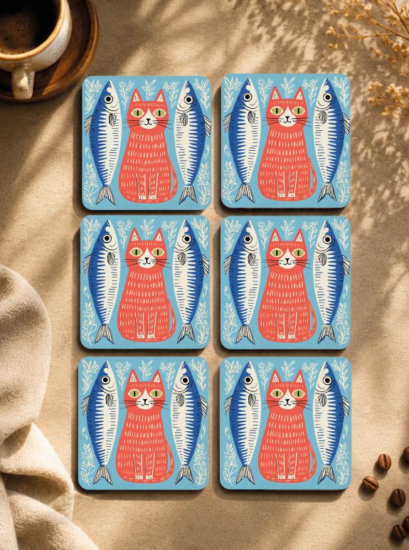 6'Lı Balıkçı Kedi Bardak Altlığı Seti – Retro İskandinav Tasarımlı Kedili Bardak Altlığı