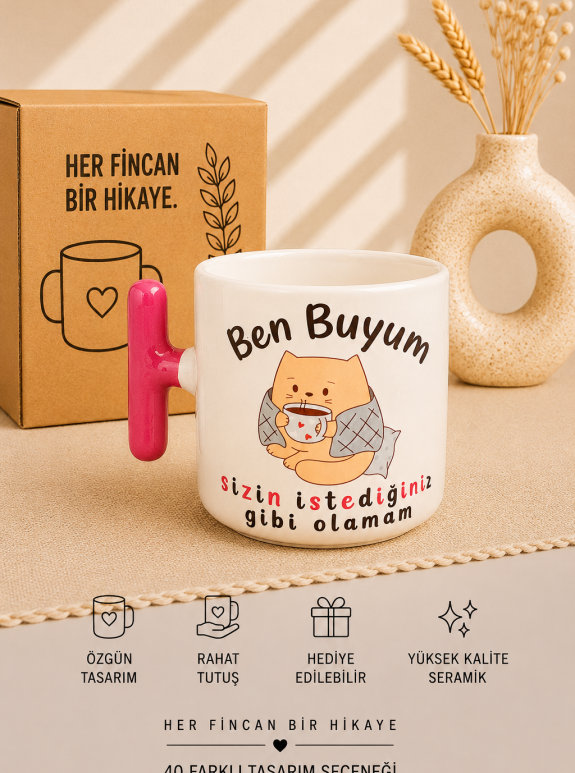 Ben Buyum Sizin İstediğiniz Gibi Olamam Kupa Bardak | Komik Yazılı Kedi Tasarımlı Seramik Kahve Kupası | Hediyelik Kupa