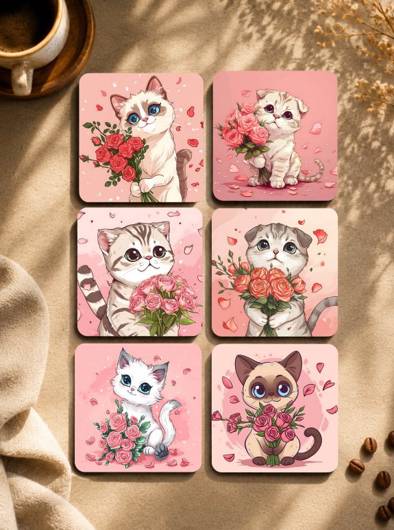 Kawaii Çiçek Buketi Kediler 6'Lı Bardak Altlığı Seti