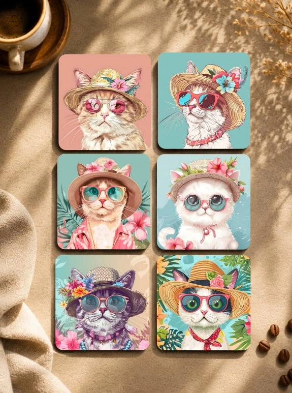 Kawaii Kedi Tatilde Bardak Altlığı Seti