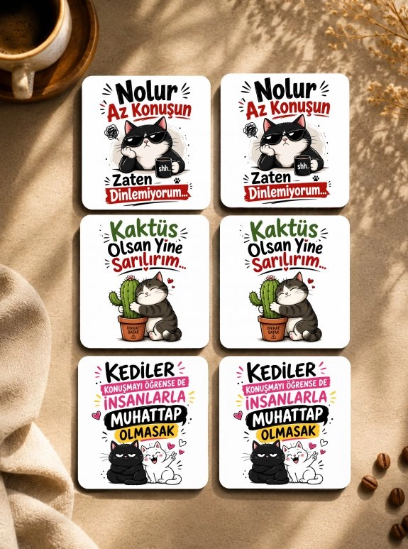 Kedili Esprili Ahşap Bardak Altlığı Seti