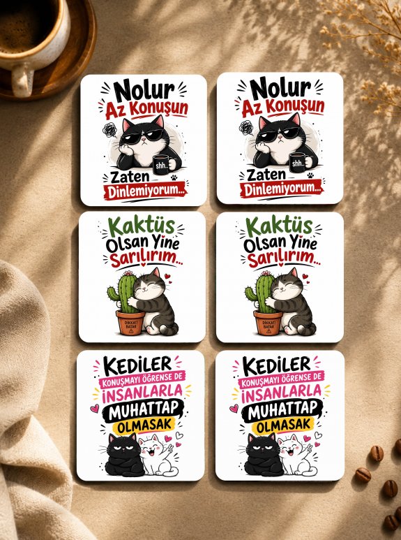 Kedili Esprili Ahşap Bardak Altlığı Seti