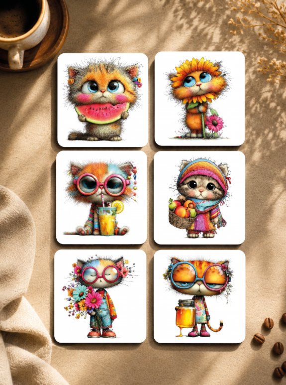 Rengarenk Kawaii Kedili Bardak Altlığı 6'Lı Set