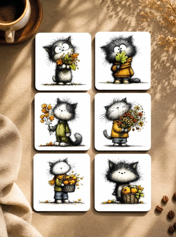 Sonbahar Kedileri Bardak Altlığı 6'Lı Set